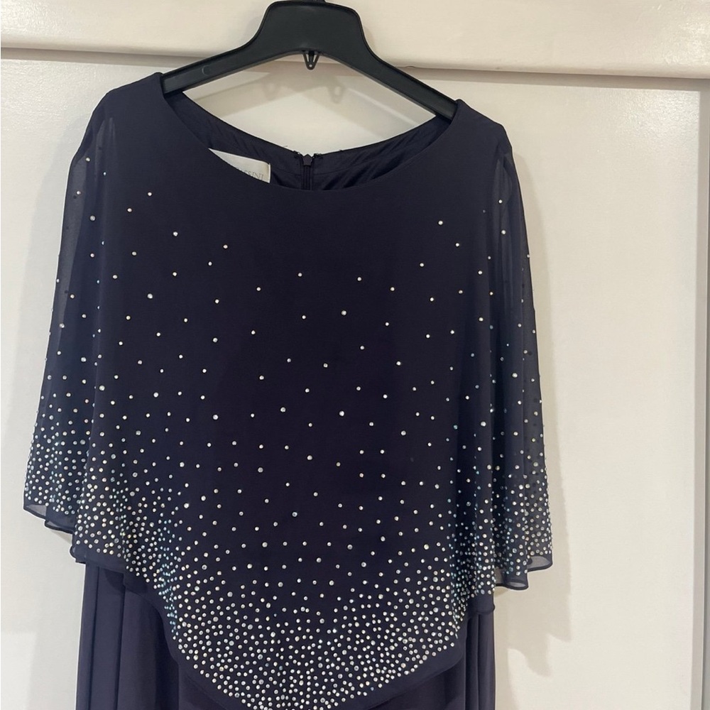 David's Bridal Asymmetrical Navy Dress with Pearl Details